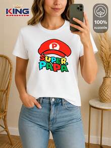 SHENDY VENDY Women's Printed T-Shirt, 100% Cotton Short Sleeve - "Super Dad" Retro Gamer Style - 白色 - 查看 2