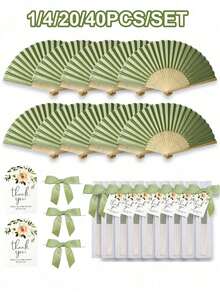 1/4/20/40件組，給她/他的禮物綠色婚禮與生日扇子套裝，附綠色蝴蝶結摺疊扇、卡片與透明網袋，適用於婚禮與生日派對裝飾、新娘禮物、生日派對禮物 - 彩色 - 查看 1