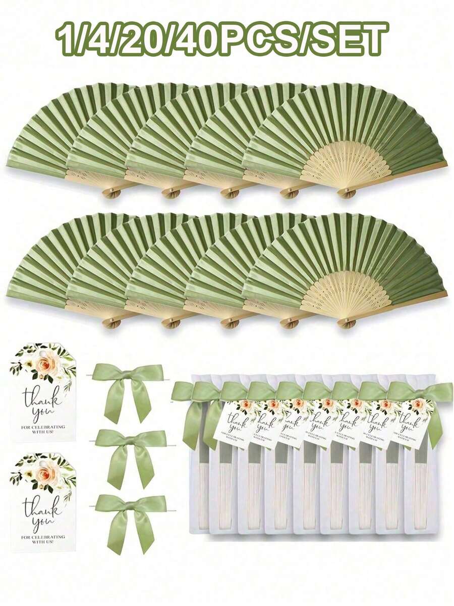 1/4/20/40件組,給她/他的禮物綠色婚禮與生日扇子套裝,附綠色蝴蝶結摺疊扇、卡片與透明網袋,適用於婚禮與生日派對裝飾、新娘禮物、生日派對禮物 - 彩色 - 查看 1