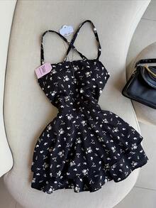 New Women's Floral Print Dress, Strappy Back, Backless, Multi-Layered, Pastel Style, Ideal For Dates, Vacations, Meetings, Parties, Holidays And Daily Wear - 黑色 - 查看 1