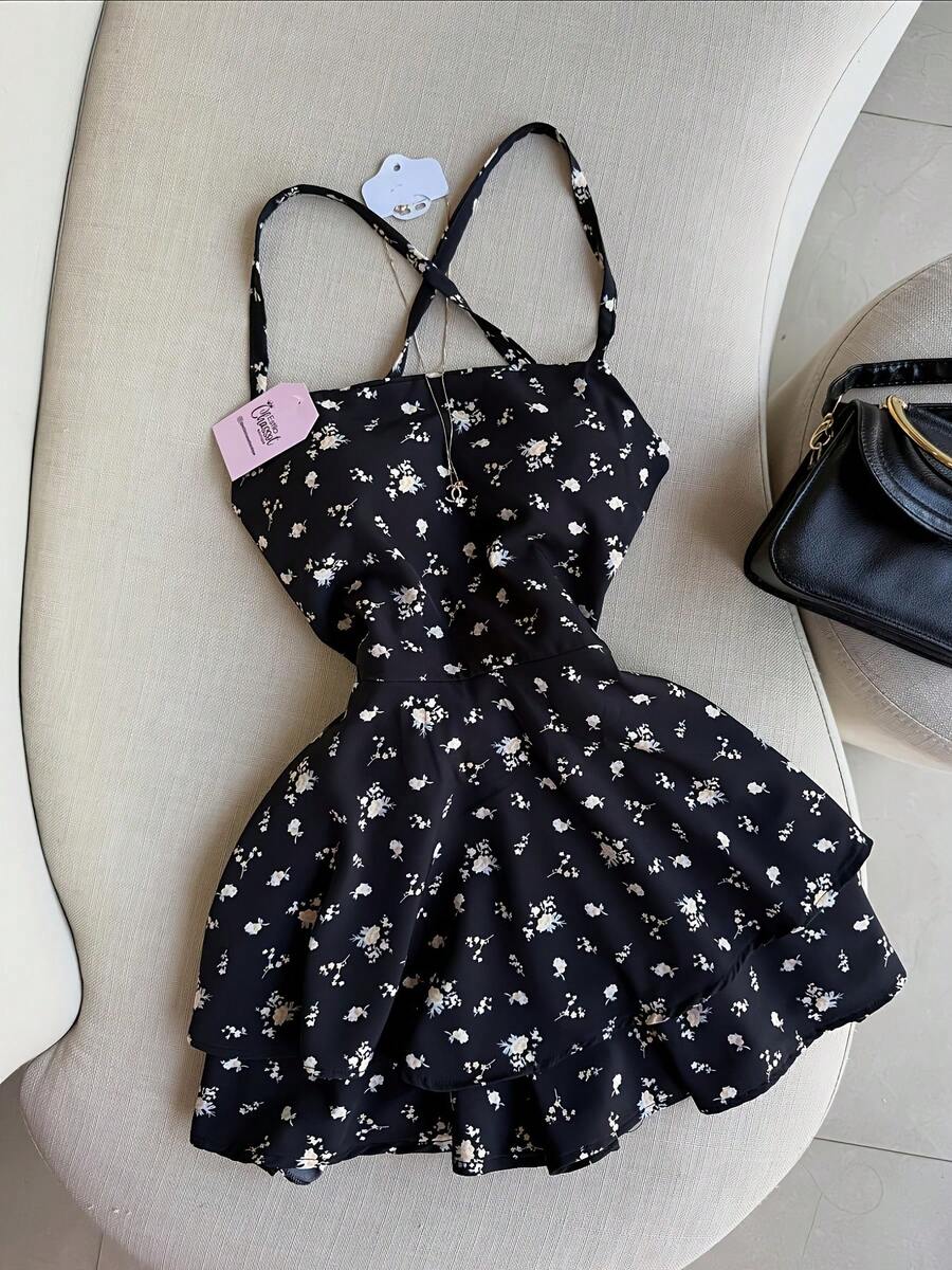 New Women's Floral Print Dress, Strappy Back, Backless, Multi-Layered, Pastel Style, Ideal For Dates, Vacations, Meetings, Parties, Holidays And Daily Wear - 黑色 - 查看 1