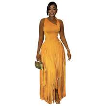 Women's Asymmetrical One Shoulder Sleeveless Tiered Fringe Maxi Dress Formal Evening Gown For Party Collection - Màu vàng - Xem 8