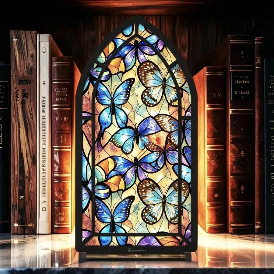 1pc Colorful Glass Butterfly Acrylic Bookend, Gothic Church Window Design Bookshelf Organizer, Non-Slip Book Support, Aesthetic Room Decor, Book Lover Gift, Office Desk Storage - 1PC - View 1