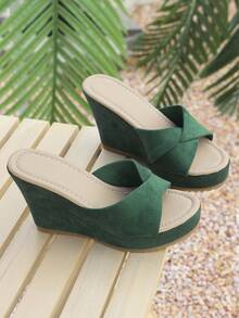 2026 Summer New Cross Strap Wedge Heel Sandals, Height-Increasing Slimming Linen Woven Thick Sole Slippers - Green - View 4