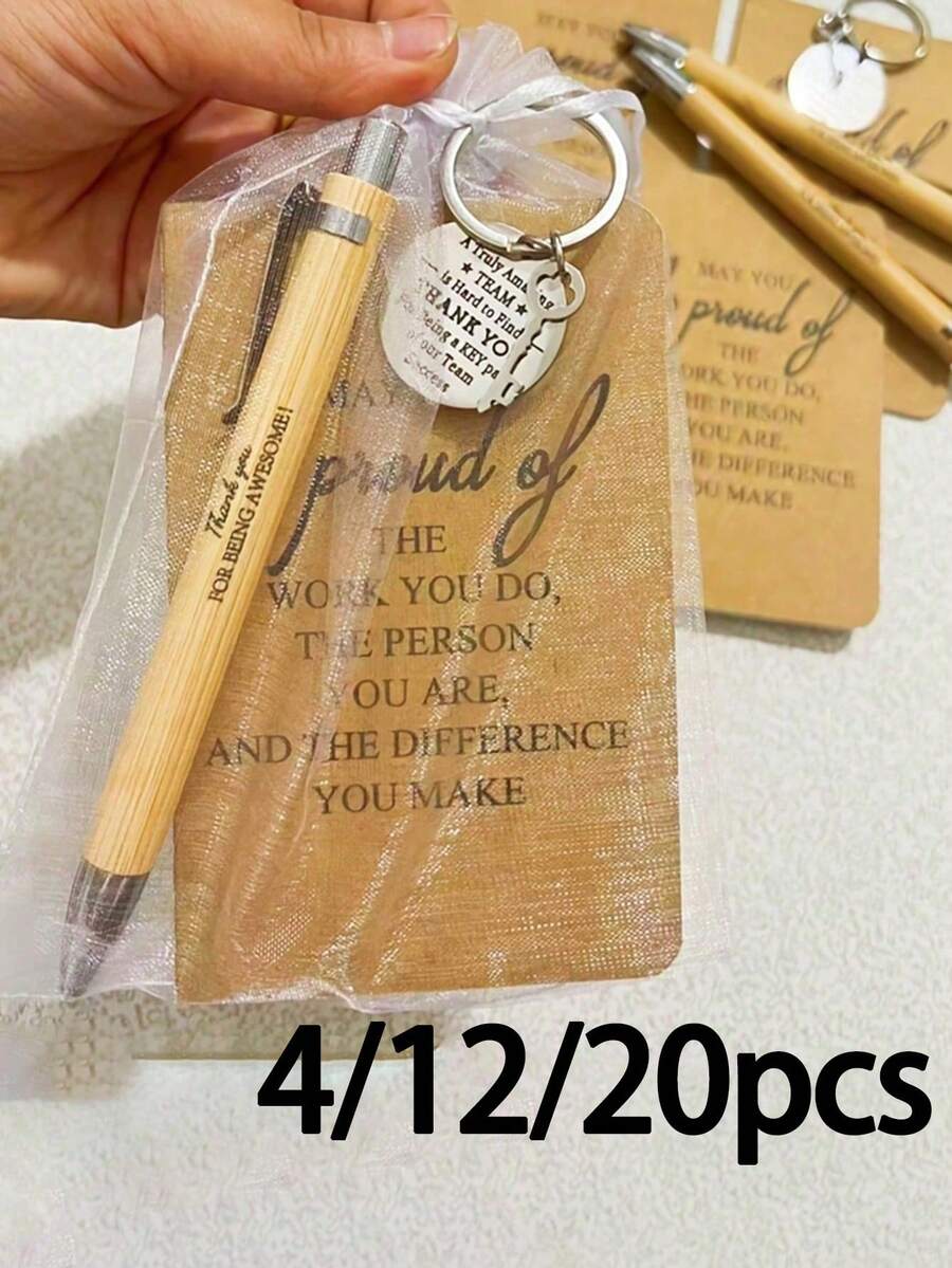 4/12/20pcs Set, Team Gift, Employee Appreciation Gift, Bamboo Ballpoint Pen And Small Inspirational Notebook, With Inspirational Keychain And Bag, Suitable For Office Employees, Volunteers, Nurses, Teachers, Colleagues, Team Building, Retirement Gift (4pcs Set = 1 Bamboo Ballpoint Pen + 1 Small Inspirational Notebook + 1 Inspirational Keychain + 1 Bag) - Multicolor - View 1