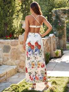 Summer Dress With Floral Print, Straps, Gathered Waist And Open Back With Crisscross Strap – Romantic And Sensual Look - Pale Yellow - View 1