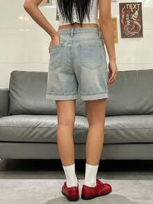 Short en jean décontracté pour femme à ourlet replié, été - Bleu délavé vintage - Voir 9