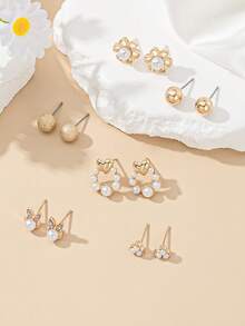 6 Pairs Cute Fashionable Shiny Rabbit & Flower Combination Earrings For Women, Suitable For Dating And Outings, Non-Repeating Exquisite Stud Earrings - Yellow Gold - View 2