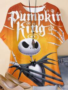 Disney, Pumpkin King Jack Skellington Halloween Character Print, Round Neck Short Sleeve T-Shirt, For Casual Wear And Holiday Parties - 彩色 - 查看 2