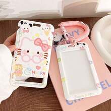 MINISO Kawaii Sanrio Hello Kitty Pochacco 滑動式卡套，可愛動漫角色直立式卡套，附柔軟粉色螺旋腕繩鑰匙圈，開學季學生識別證套 - 樣式 2 - 查看 3