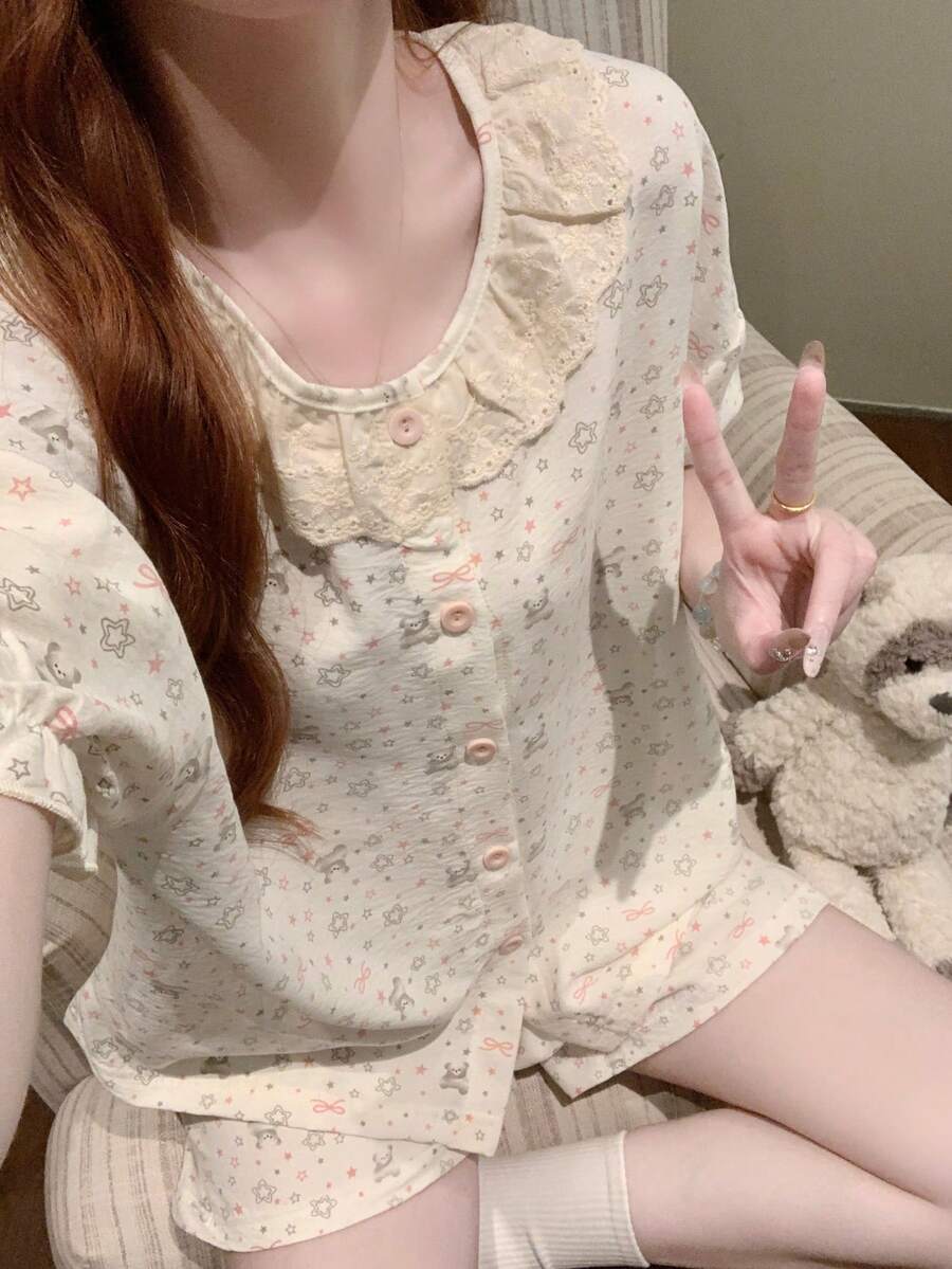 2pcs/Set Women's Pajama Homewear Set, Cute Animal Print Open Front Lace Collar Short Sleeve Simple Casual Shorts, Suitable For Spring And Summer, Can Be Worn Outdoors - White - View 1