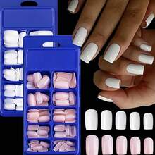 240pcs White And Pink Press On Nails Short Medium Square Wearable Fake Nails Tips Full Cover False Nails Finger Decoration Office Daily Wear False Nails DIY - 彩色 - 查看 8