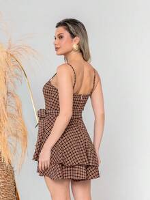 Women's Casual Elegant Checkered Jumpsuit With Padded Cups, Front Tie, And Back Zipper – Sizes S M L - Màu nâu kẻ ô - Xem 6