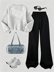 Teen Girls Letter Print Crew Neck Sweatshirt And Casual Pants Set - Grey - View 2