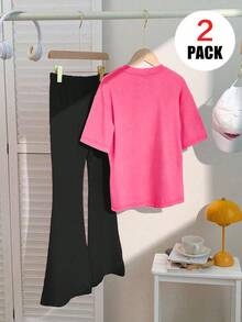 2pcs/Set Teen Girls Pink Floral Print Short Sleeve Flare Pants Soft Casual Summer Outfit - Multicolor - View 3