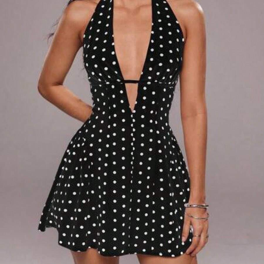 wsb - Colección de ropa femenina de moda Vestido corto de mujer con escote profundo en V y espalda descubierta, con estampado de lunares, estilo de vacaciones, para verano - Negro1 - Ver 1