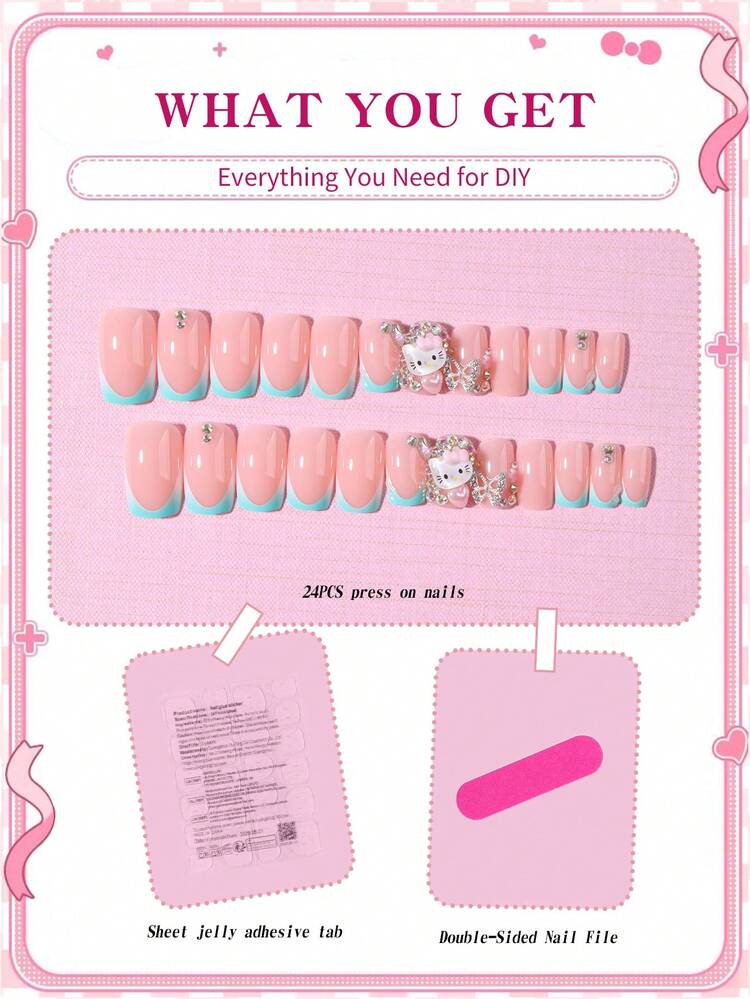 SANRIO 三麗鷗 Hello Kitty 24入短方型 3D 凝膠漸層法式美甲貼片，附可愛立體 Hello Kitty、鑽石蝴蝶、花朵、水鑽與愛心裝飾，完美貼合假指甲套組，適合女性與女孩日常穿搭、電音派對使用 - 彩色 - 查看 5