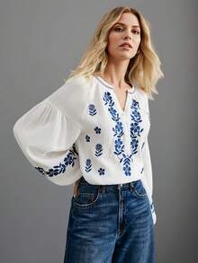 New 2026 Model:Camisa pura de manga larga estilo francés con bordado de temática étnica, ligera, cómoda y transpirable, perfecta para uso diario, desplazamientos y vacaciones - Blanco - Ver 1