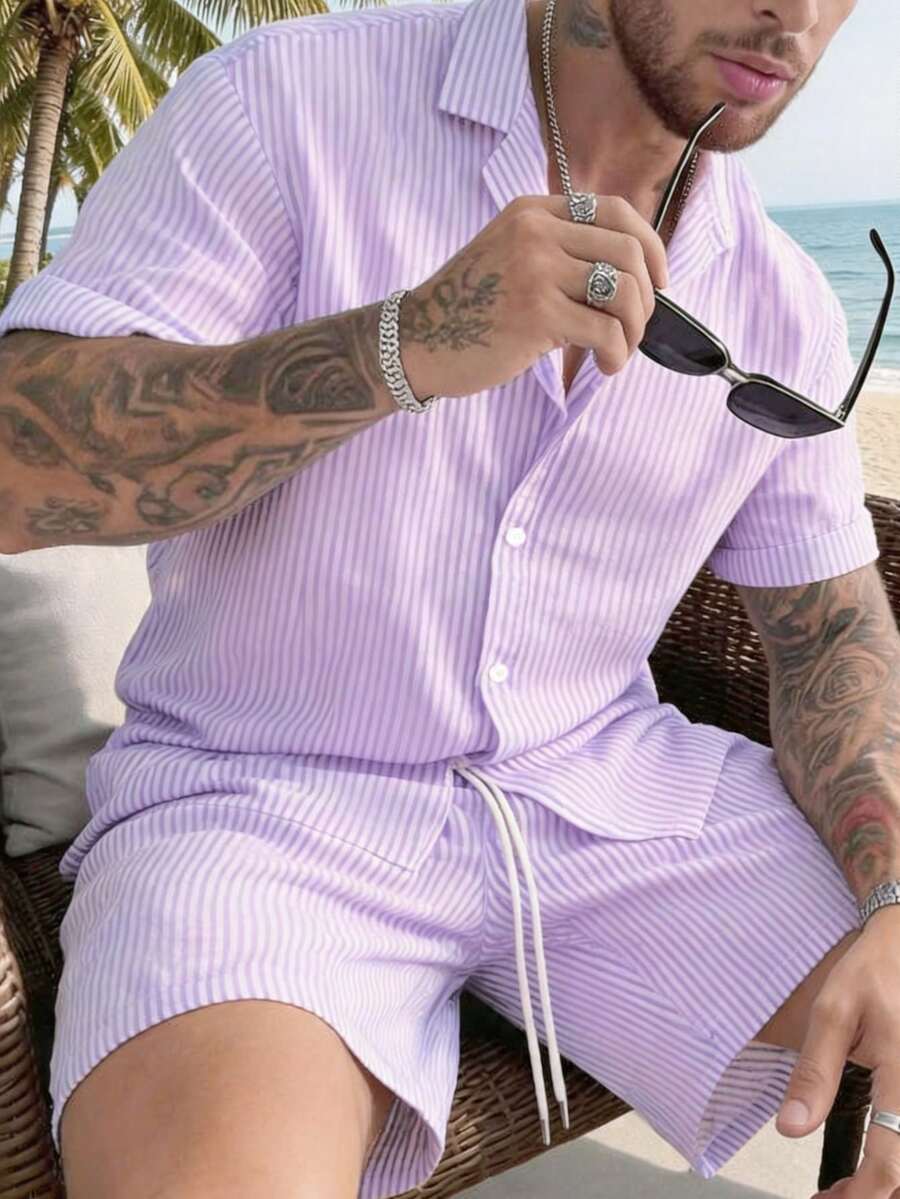 Men's Loose Fashion Bubble Striped Colorblock Button Diagonal Pocket Drawstring Design Casual Business Versatile Summer Bestseller 2 Pieces Set - Purple - View 1