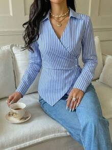 Asymmetrical Long Sleeve Striped Shirt 2026 - Blue - View 6