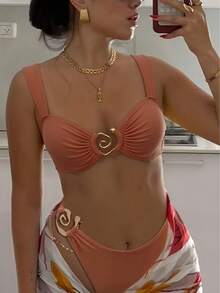 New 2026 Model: New Two-Piece Bikini With Metallic Accessory And Solid Color For Women, Beach Swimsuit With Opening - Dark Green - View 9