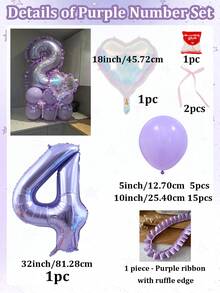 26件/組，紫色K-Pop生日主題數字氣球組，包含0-9紫色數字、馬卡龍紫色乳膠氣球、紫色荷葉邊緞面蕾絲飾帶、彩色愛心氣球，適用於K-Pop主題派對、生日、週年慶派對拱門裝飾 - 紫花邊數字 - 查看 13