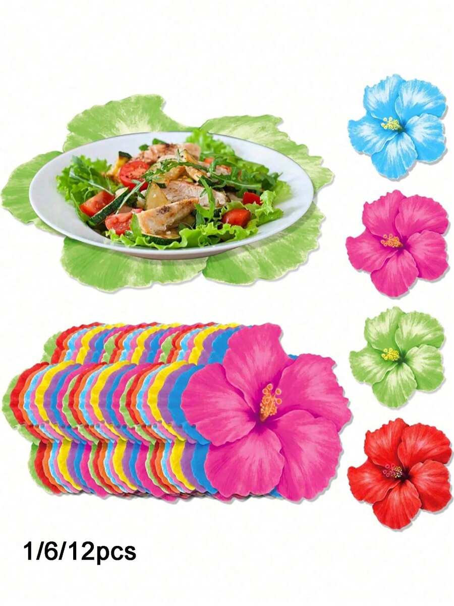 1/6/12pcs Tropical Hawaiian Hibiscus Pattern Disposable Placemats - Colorful Table Mats Suitable For Birthday, Bachelorette Party And Other Occasions, Random Colors, Rectangular, Holiday Party Decor, Bridal Shower Banquet Decoration - Multicolor - View 1