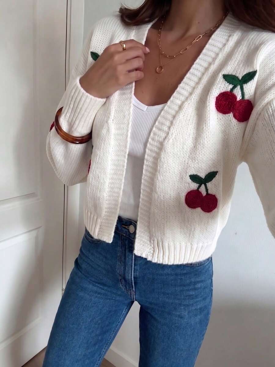 Women's Autumn/Winter White Fun Cherry Casual Versatile Daily Commute Slouchy Fashion Minimalist Cardigan - White - View 1