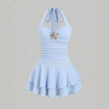 Solid Color Textured Jumpsuit With Tie Neck For Vacation, For Beach Party - Blue - View 1