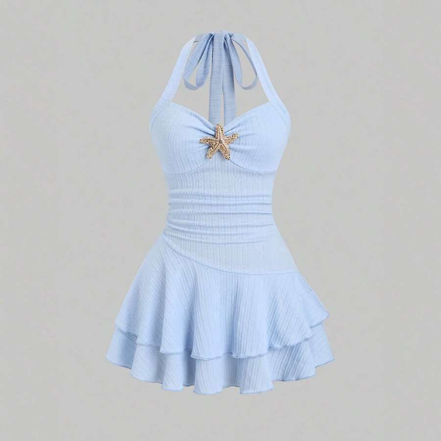 Solid Color Textured Jumpsuit With Tie Neck For Vacation, For Beach Party - Blue - View 1
