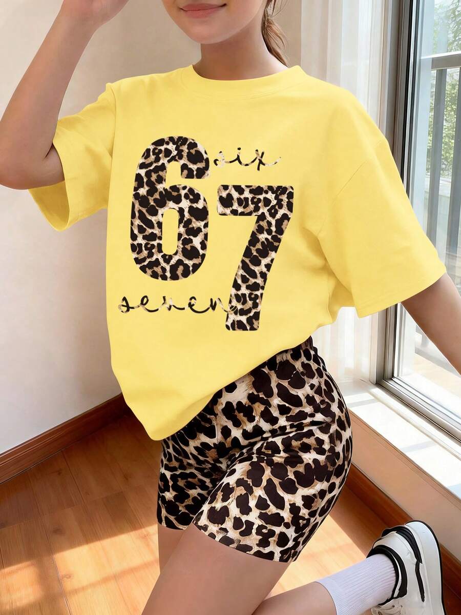 返校季 2件組 青少年女孩豹紋「67」字母印花短袖T恤與豹紋短褲套裝,日常穿著百搭時尚夏季套裝 - 黃色 - 查看 1