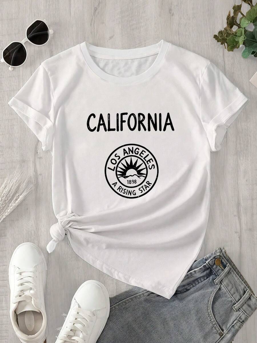Camiseta estampada para mujer, 1 unidad, manga corta, primavera/verano, el regalo perfecto para las fiestas. - Blanco - Ver 1