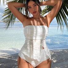YijiaNvz Swim Mod Conjunto De Bikini Bandeau Para Mujer Con Parte Inferior Dividida Y Con Faldita - Blanco - Ver 2