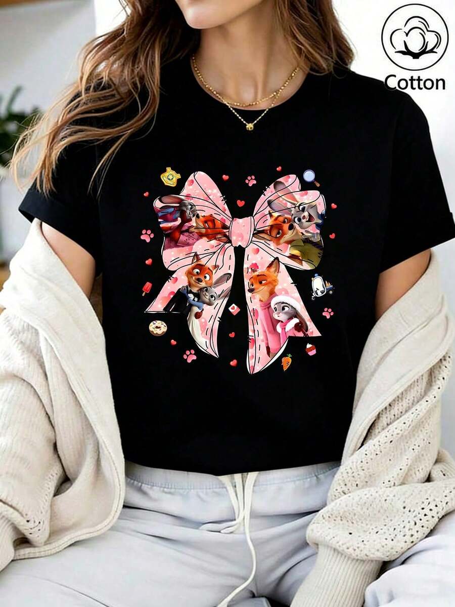 Disney Fitting Nick Judy Pink Bow Print T-Shirt From Zootopia, Suitable For Summer And Spring, Short Sleeves, Women's Clothing, Christmas Gift Party Item. - 黑色 - 查看 1