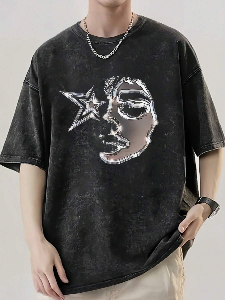 Star Girl Portrait Print Summer Men'S Drop Shoulder Sleeve High Quality Thickened Heavyweight Plus Size Premium Distressed Pure Washed Process - Black - View 1