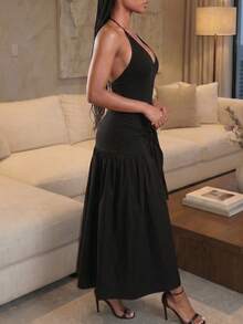 2pcs/Set Lace-Up Backless Jumpsuit Paired With Wrap-Around Mid-Length Skirt, Sexy Outfit Black Summer Elegant - Black - View 3