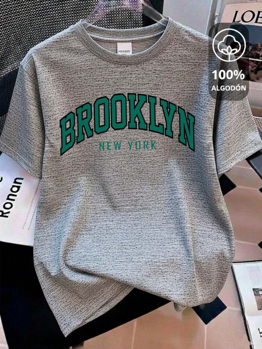 Women's Clothing, Summer Cotton Off-The-Shoulder T-Shirt, Brooklyn Text Print, Casual Top For Women, Designer Women's Clothing. - 淺灰色 - 查看 1