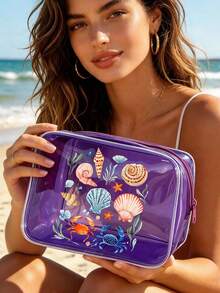 Bolsa de Armazenamento Transparente e À Prova d'Água, Bolsa de Cosméticos com Zíper e Estampa de Concha Marinha de Desenho Animado, Bolsa de Armazenamento Multifuncional com Grande Capacidade e À Prova d'Água, Bolsa de Higiene Pessoal Transparente para Mulheres, Bolsa de Higiene Dobrável e Leve, Organizador de Cosméticos Portátil para Viagem e Cuidados Pessoais. Presente para o Dia do Professor, Dia das Mães, Volta às Aulas, Férias - Multicolorido - Visão 1
