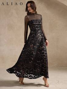 Glazenia Summer Elegant Jacquard Patchwork Tulle Long-Sleeve Dress, Retro Palace Style Long Gown For Weddings, Parties And Daily Wear Vacation Black - Black - View 4