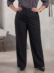 Calça Reta com Bolso Inclinado de Cor Sólida Plus Size Feminina, Calça Versátil para Escritório, Fácil de Criar Look Casual para o Dia a Dia Preto - Preto - Visão 3