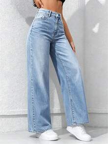 Women's Loose Stretch Washed Blue Wide Leg Jeans, All Season Commute Daily Versatile Denim Pants - Light Blue - View 2