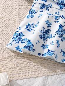 Left Mama Set de 2 piezas de top de manga corta con cuello cuadrado impreso y pantalones de pierna ancha casual para niñas, verano - Azul - Ver 5