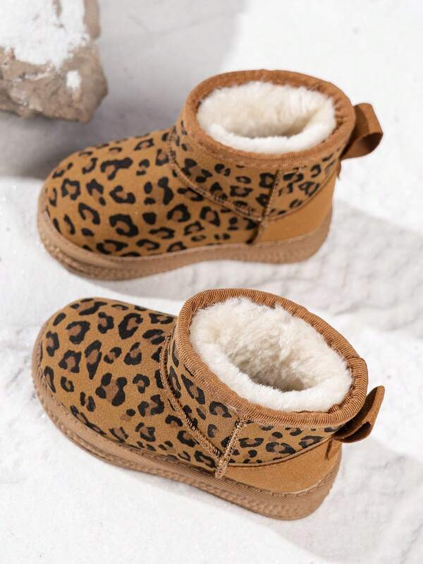 Leopard Print Kids Snow Boots Winter Faux Suede Thermal Lined Warm Shoes Non-Slip Boys Girls Thick Sole Slip-On Ankle Boots, Suitable For School, Travel And Outdoor Activities Comfortable Cold-Proof Shoes