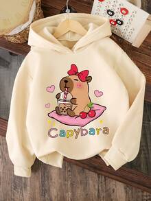 Baby Girl Capybara Pattern Warm Hooded Sweatshirt - Apricot - View 1