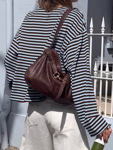 SDNGED Women's Casual Top, Striped Color Block Ribbed Fabric, Everyday Wear Spring/Autumn - Blue-brown - View 7