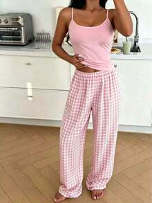 2pcs/Set Women's Summer New Style, Solid Color Camisole Tank Top And Plaid Long Pants Pajama Set - Pink - View 5