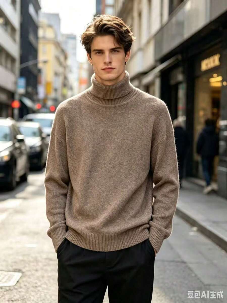 Manfinity Mode Men's Turtleneck Sweater, For Fall And Winter - Camel - Ver 1