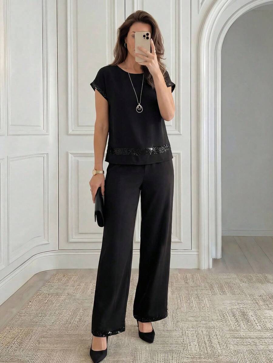 Conjunto de 2 piezas de top y pantalones con estampado vintage casual de vacaciones para mujer - Negro - Ver 1