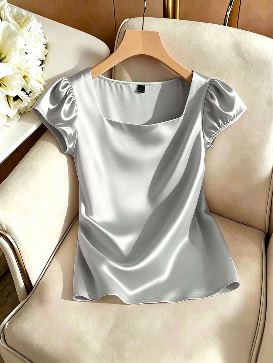 Blusa casual elegante de satén con cuello cuadrado francés, mangas de pétalos y pliegues, adecuada para ir al trabajo, uso diario, reuniones y fiestas, primavera/verano - Gris Claro - Ver 1