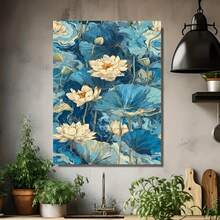 Lienzo 2D Plano, 2D Plano, 2D Plano 1 pieza Lienzo Arte de Pared Estanque de Loto Azul, Enmarcado y Listo para Colgar, Adecuado para Decoración de Habitación, Decoración de Oficina, Decoración del Hogar, Decoración de Arte de Pared, Decoración de Baño, Centro de Mesa Versátil para las Fiestas - Enmarcado - Ver 4